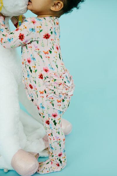 Baby Kissing a Unicorn in Floral Ruffle Onsie