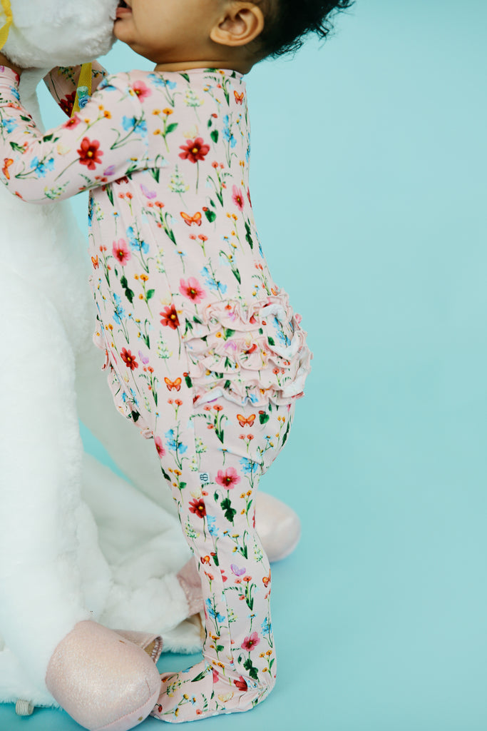 Baby Kissing a Unicorn in Floral Ruffle Onsie