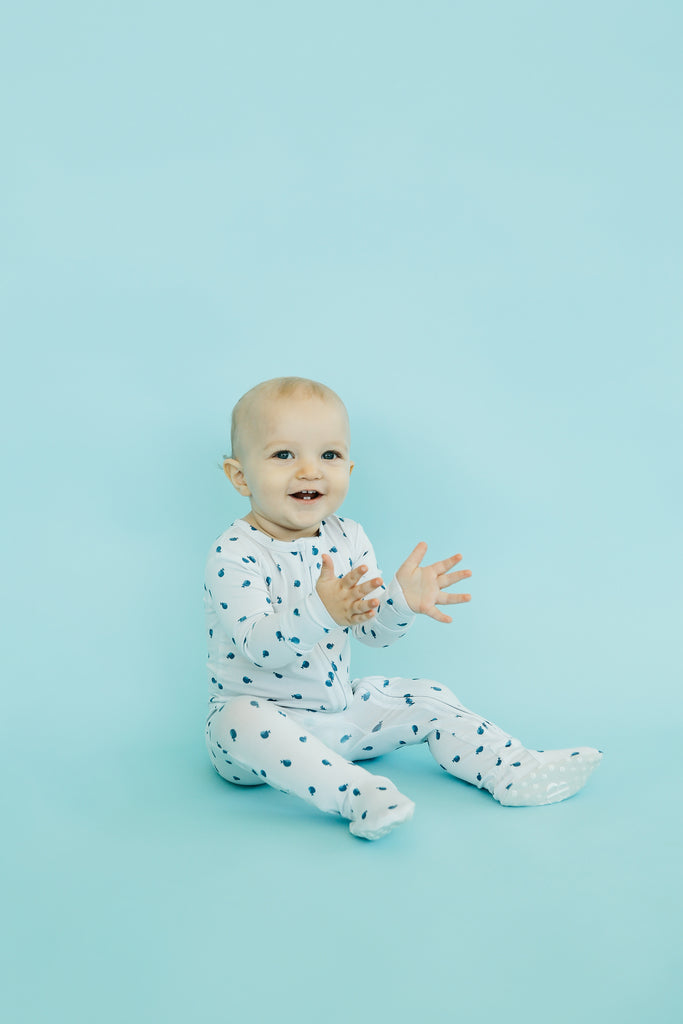 Cute Baby Boy Happy and Clapping in Whale Footie